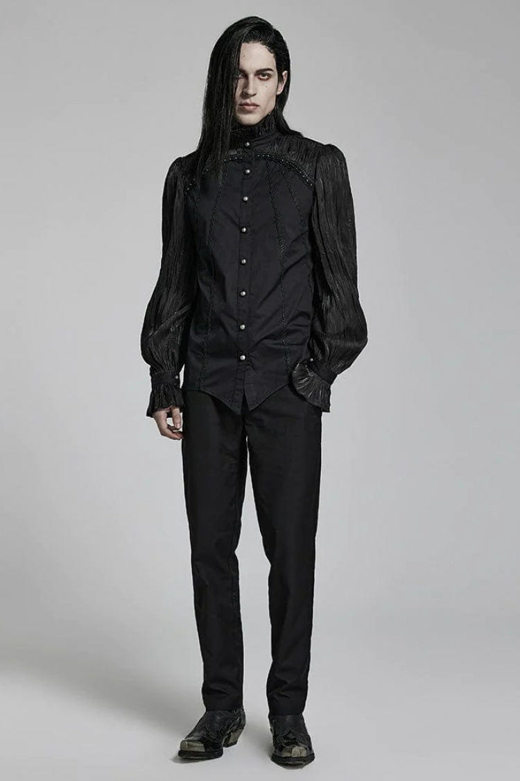 Black Stand Collar Ruched Stitching Lace Mens Gothic Blouse with Scarf - Product - 4