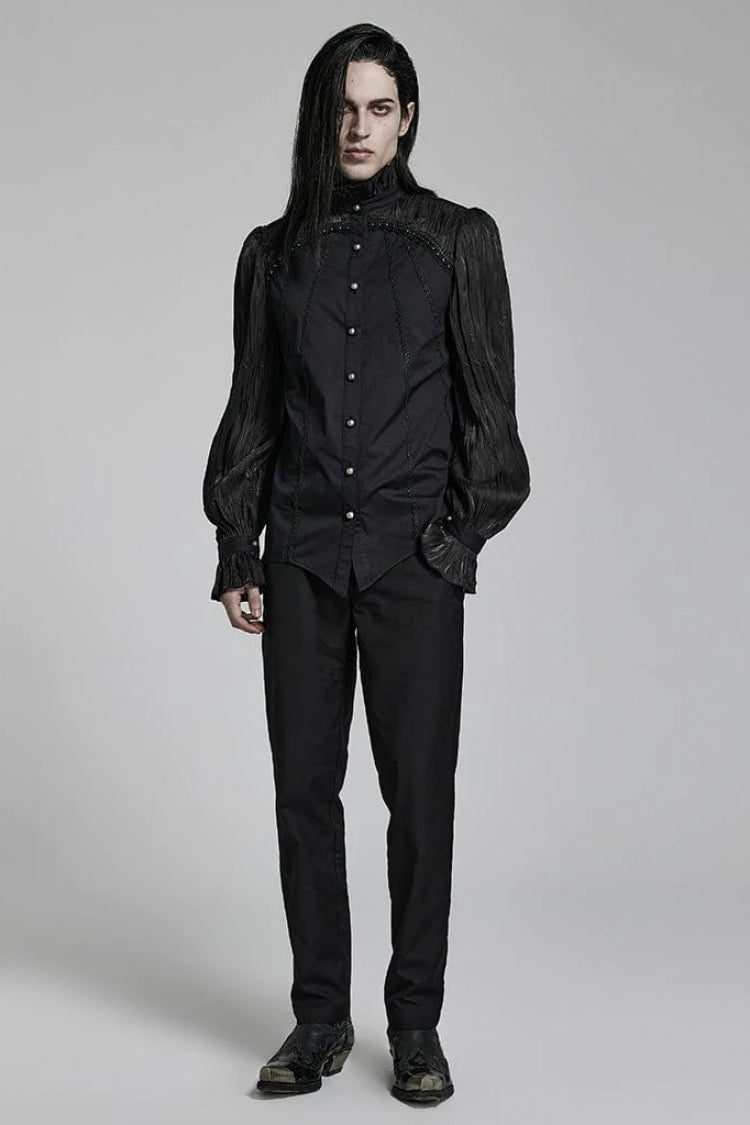 Black Stand Collar Ruched Stitching Lace Mens Gothic Blouse with Scarf - Product - 4