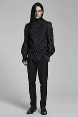 Black Stand Collar Ruched Stitching Lace Mens Gothic Blouse with Scarf - Product - 4