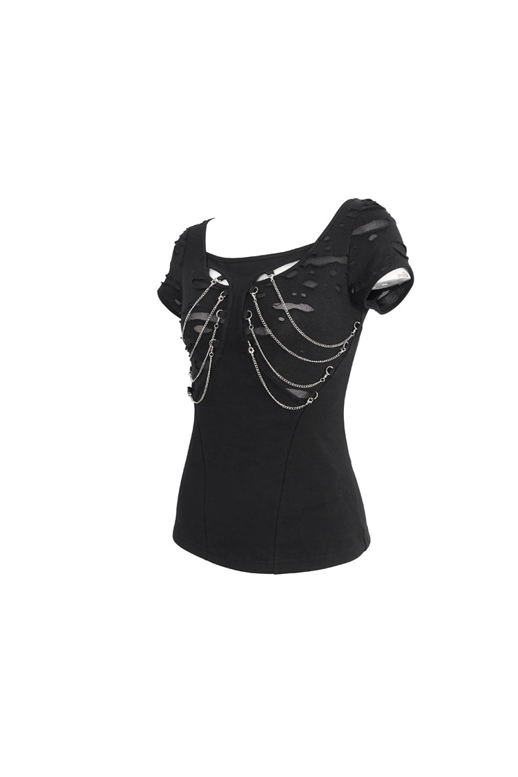 Black Short Sleeves Hollow Ripped Women's Steampunk T-Shirt - Product - 8