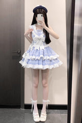 Light Blue Navy Style Sleeveless Double Layer Ruffle Bowknot Lace Sweet Lolita Dress - Product - 7