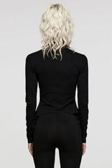 Black Long Sleeves Moon Print Leather Stitching Irregular Womens Steampunk T-Shirt - Product - 3