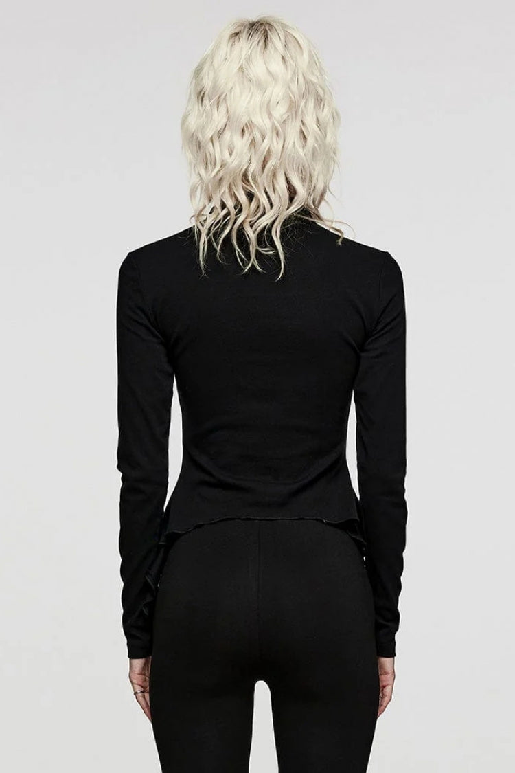 Black Long Sleeves Moon Print Leather Stitching Irregular Womens Steampunk T-Shirt - Product - 3