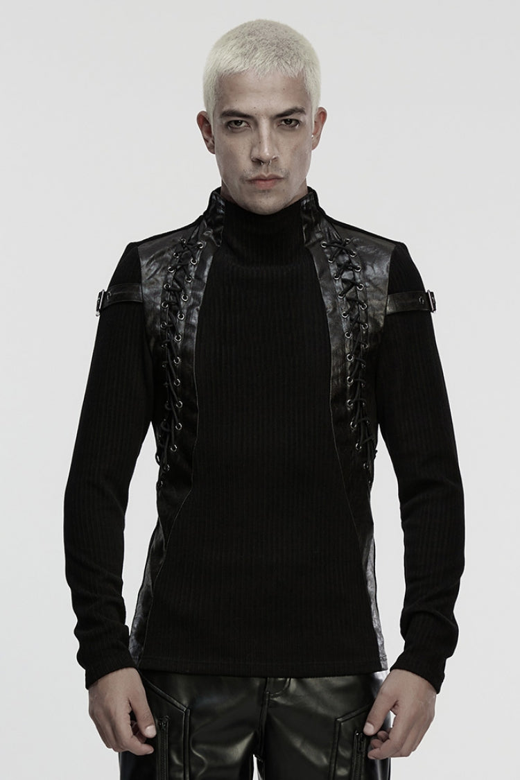 Black Stand Collar Long Sleeves Spliced Buckled Strappy Men's Punk Top - Black - 1