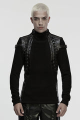 Black Stand Collar Long Sleeves Spliced Buckled Strappy Men's Punk Top - Black - 1