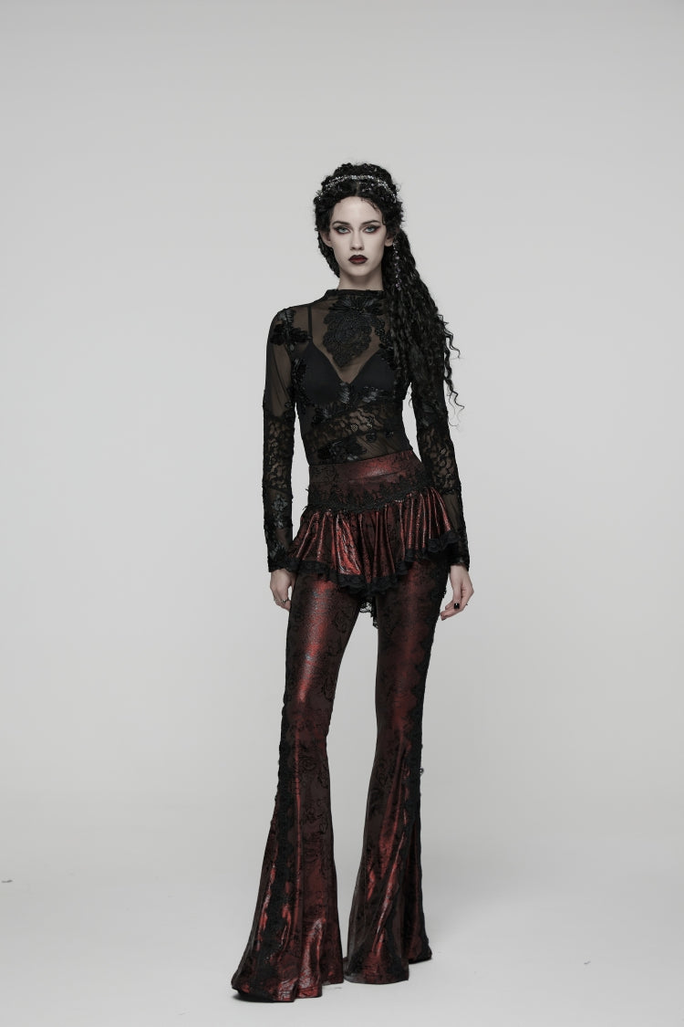 Red Printed Lace Slim Faux Two-Piece Women's Gothic Flared Pants - Product - 4