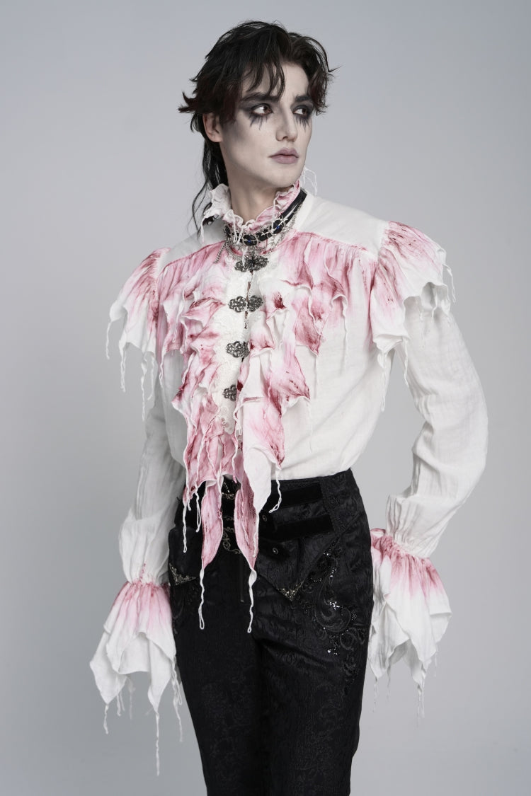 White High Collar Long Trumpet Sleeves Color-Blocked Pleated Men's Gothic Shirt - Product - 13