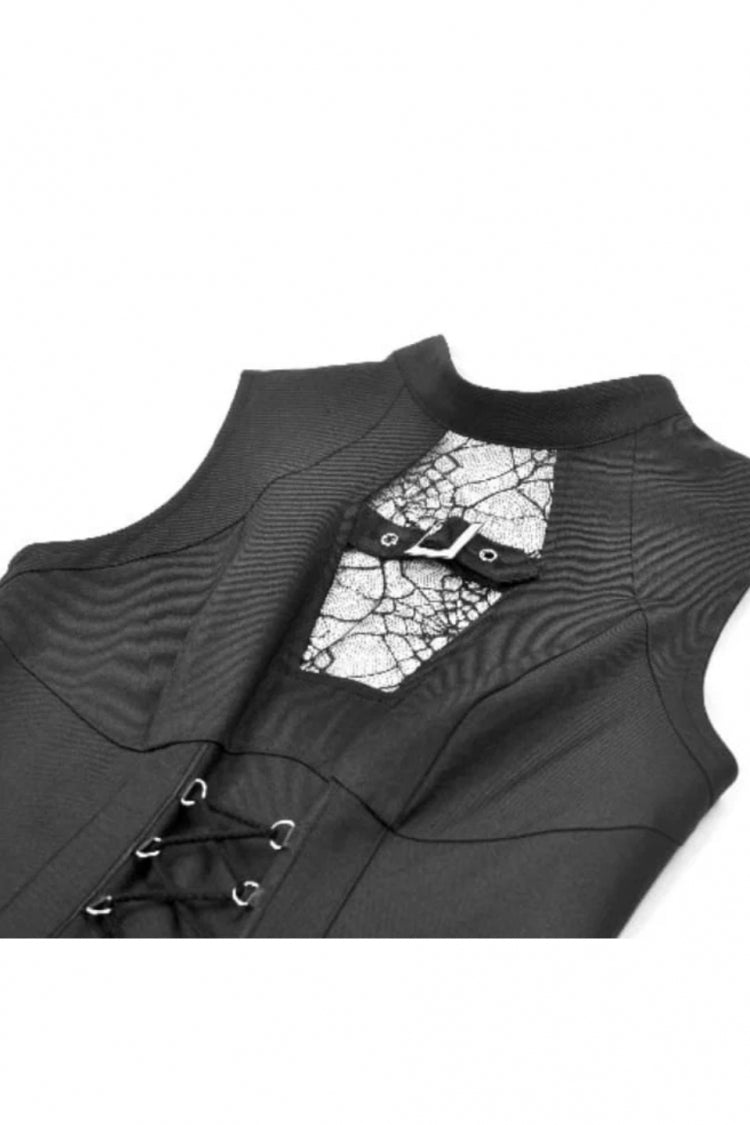 Black Sleeveless Cut-Out Cobweb Sheer Mesh Lace-Up Women's Punk Mini Dress - Product - 12