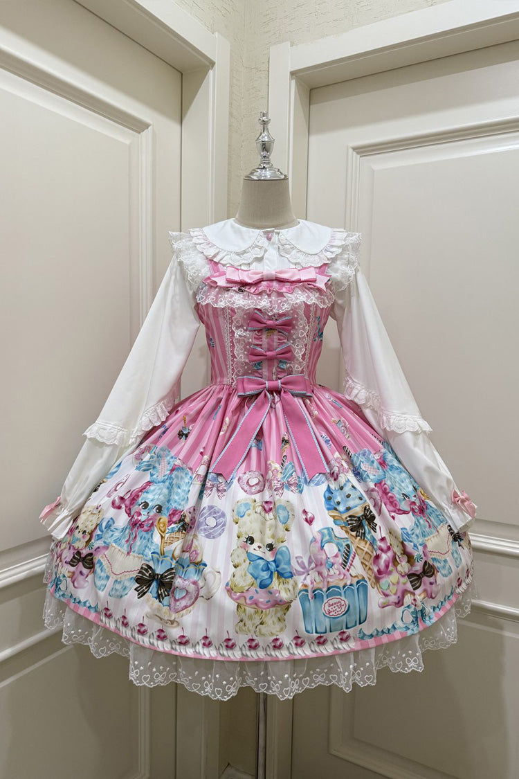 Pink [Floral Whisper] Bear Print Ruffle Bowknot Lace Sweet Princess Lolita Jsk Dress - Pink - 1