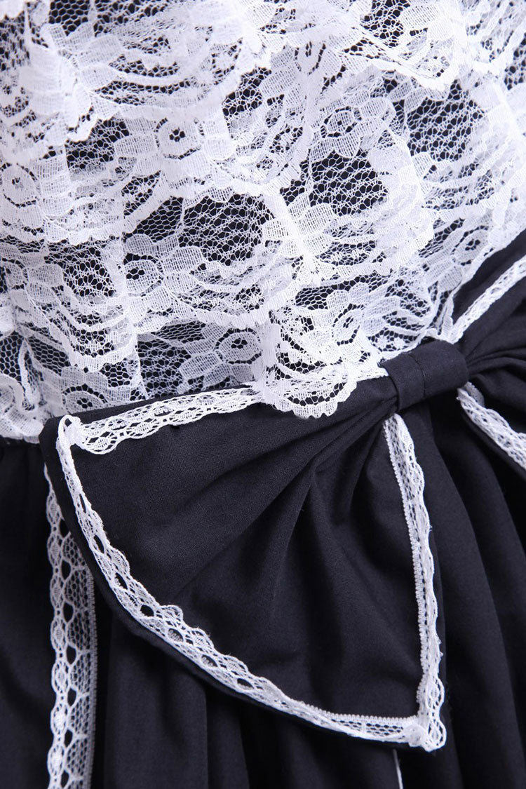 Black/White Cotton Square Collar Lace Trim Gothic Lolita Dress - Product - 5