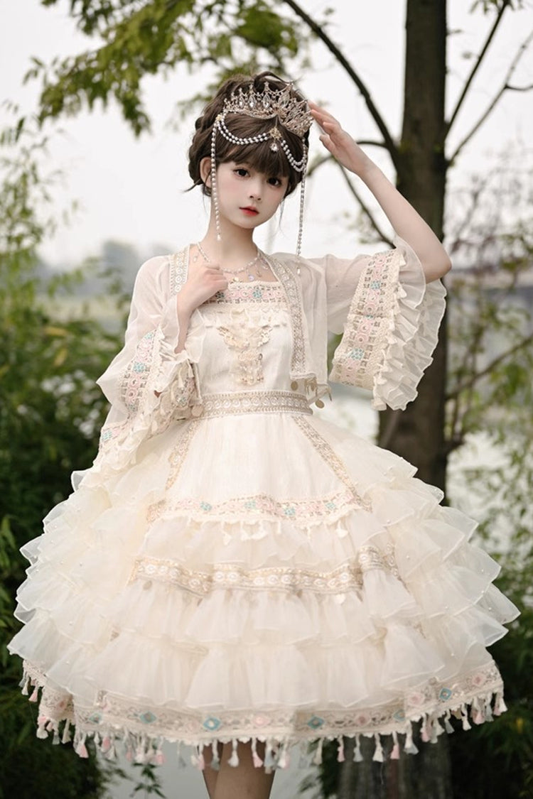 Apricot [Miao Girl] Multi-Layered Ruffle Bowknot Sweet Princess Lolita Chiffon Skirt Set - Apricot - 1