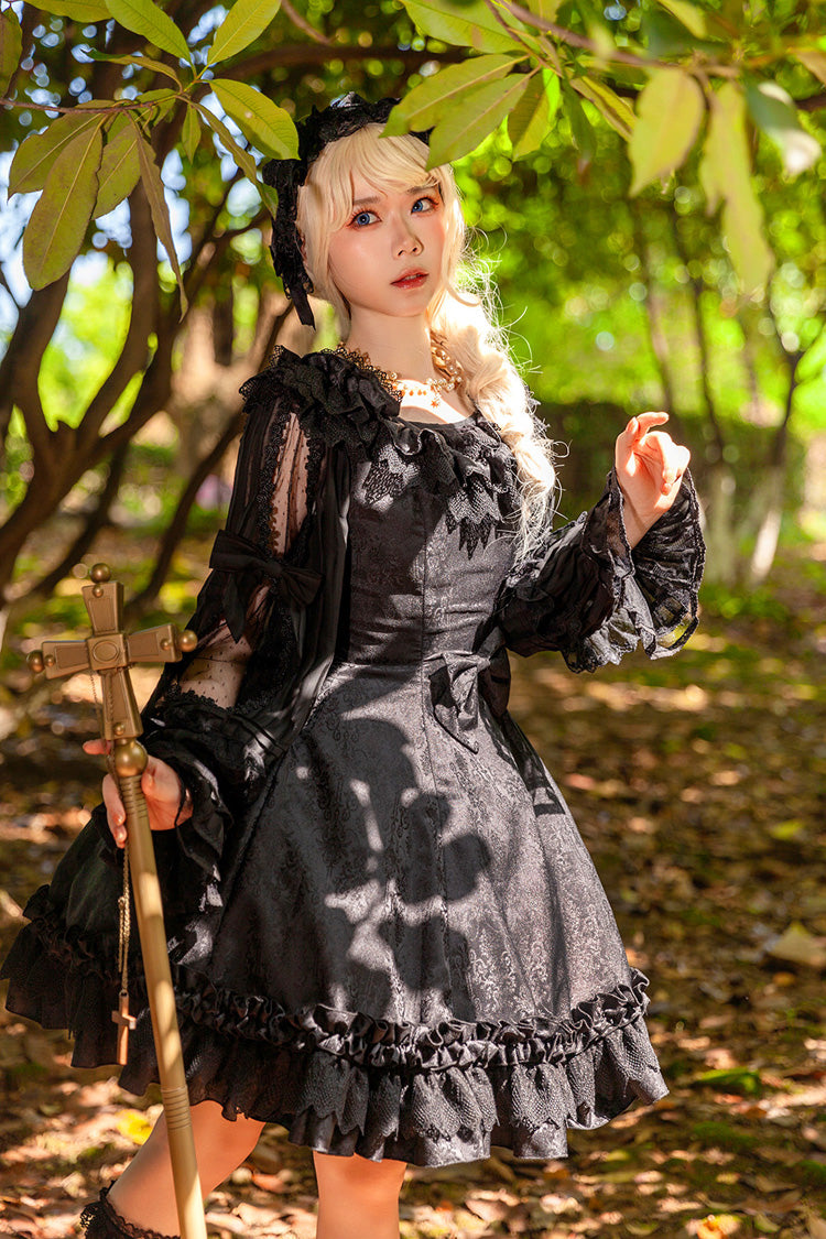Black [Floral Canon] Round Collar Sleeveless Jacquard Printed Ruffled Bow Gothic Lolita Jsk Dress - Product - 6