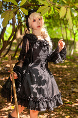 Black [Floral Canon] Round Collar Sleeveless Jacquard Printed Ruffled Bow Gothic Lolita Jsk Dress - Product - 6