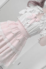 White/Pink Short Sleeves Triple-Layered Ruffle Bowknot Lace Jirai Kei Japanese Skirt Set - Product - 7