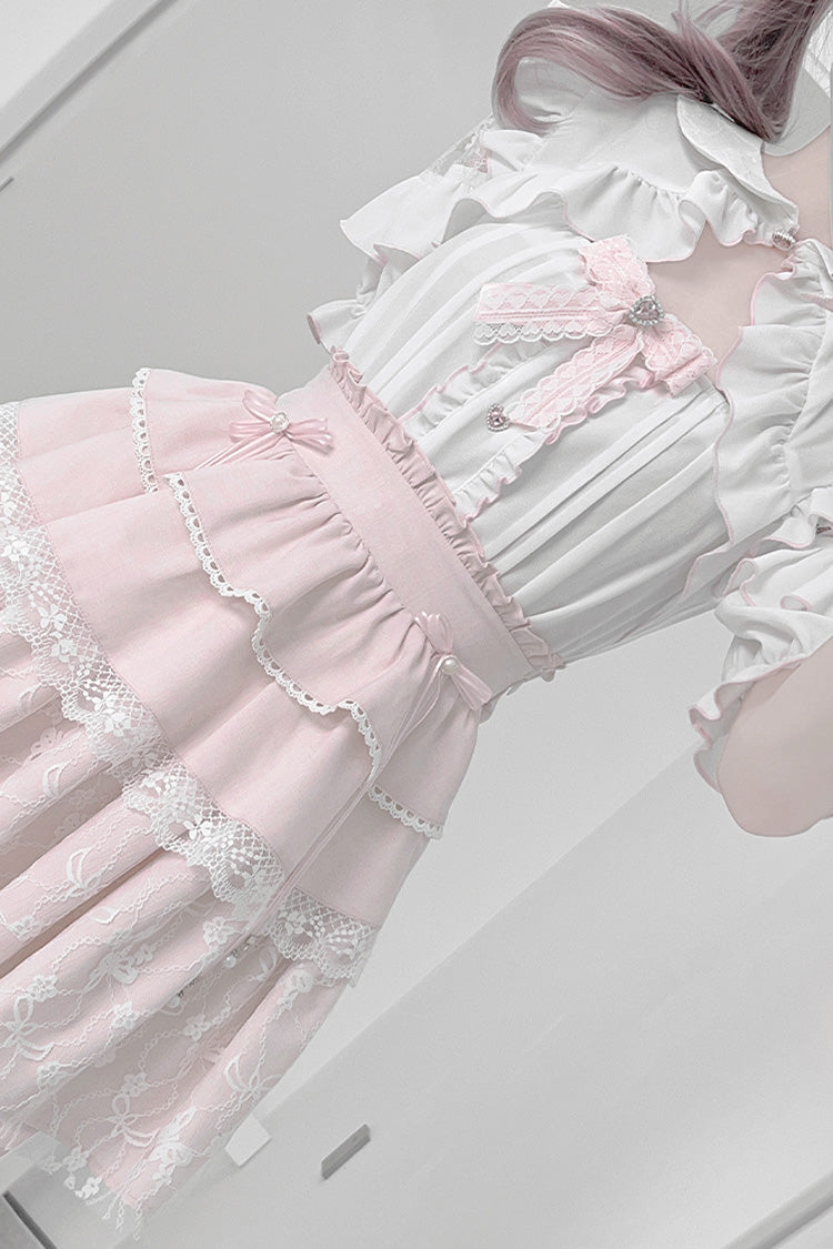 White/Pink Short Sleeves Triple-Layered Ruffle Bowknot Lace Jirai Kei Japanese Skirt Set - Product - 7