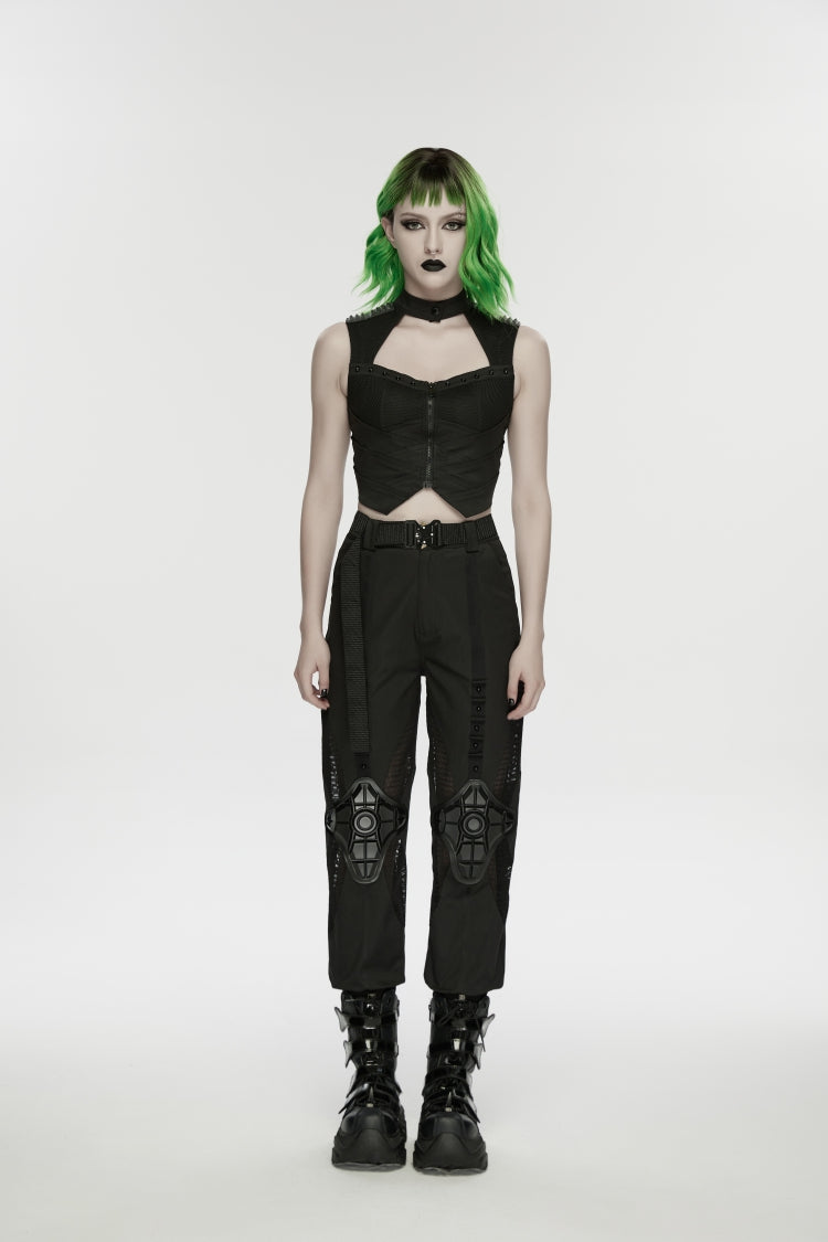 Black Women's Punk Handsome Buckle-up Studded Mesh Cargo Pants - Black - 1