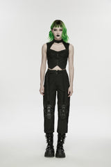 Black Women's Punk Handsome Buckle-up Studded Mesh Cargo Pants - Black - 1