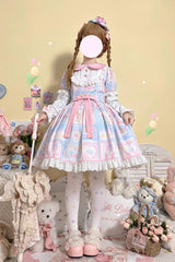 [Sweetheart Bunny Bear] Lapel Collar Long Sleeves Print Ruffle Bowknot Sweet Lolita Dress 3 Colors - Blue - 8