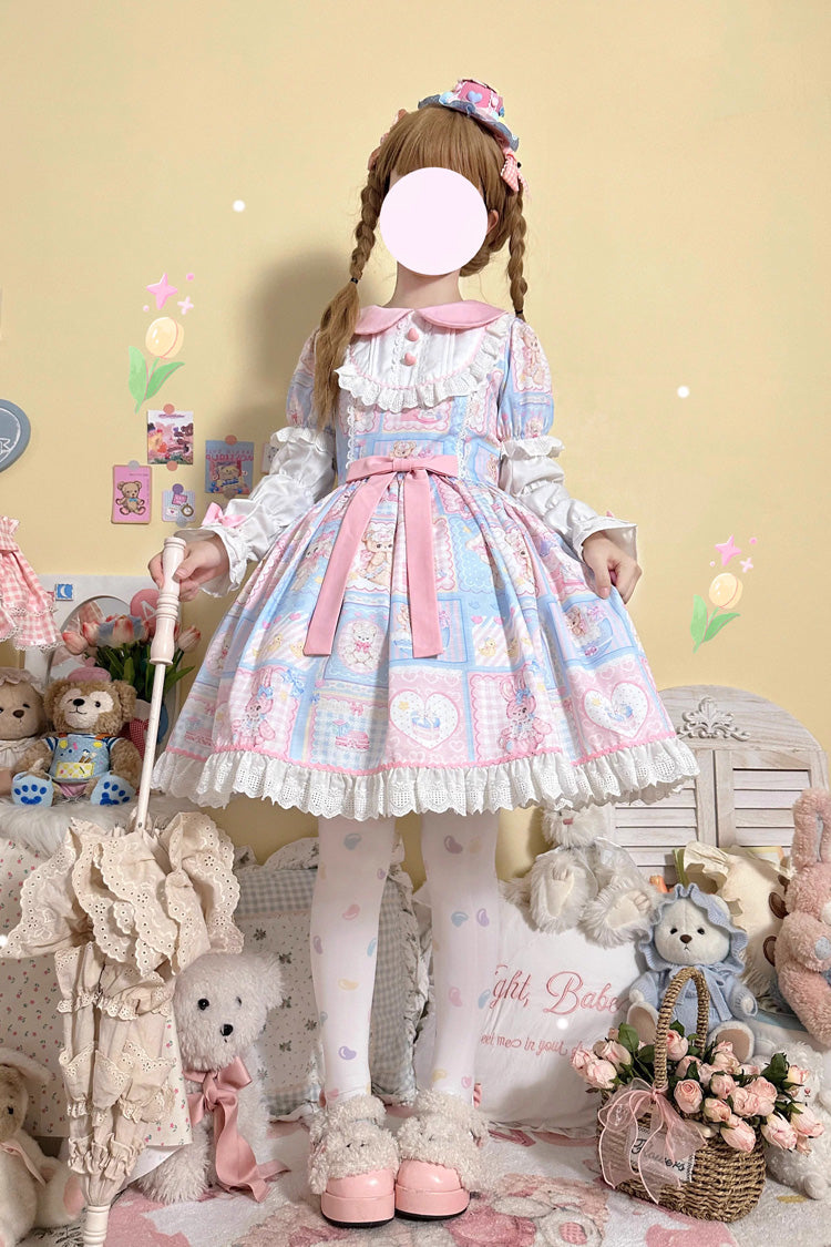 [Sweetheart Bunny Bear] Lapel Collar Long Sleeves Print Ruffle Bowknot Sweet Lolita Dress 3 Colors - Blue - 8