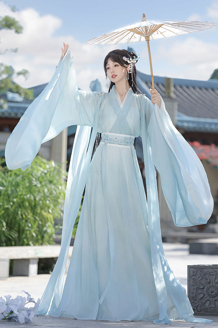 [Spring Harmony] Long Trumpet Sleeves Embroidered Chinese Inspired Hanfu Dress Set 2 Colors - Product - 7