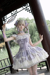 Purple [Floral Dream] Short Sleeves Multi-Layered Ruffle Embroidery Bowknot Lace-Up Sweet Elegant Ballet Lolita Jsk Dress - Product - 5