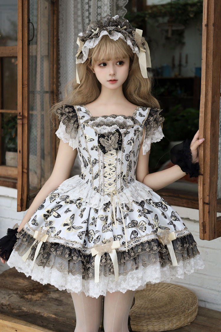 Cream [Golden Spirit • Dream Butterfly] Sleeveless Print Ruffle Bowknot Lace-Up Sweet Princess Lolita Jsk Dress Set - Cream - 1