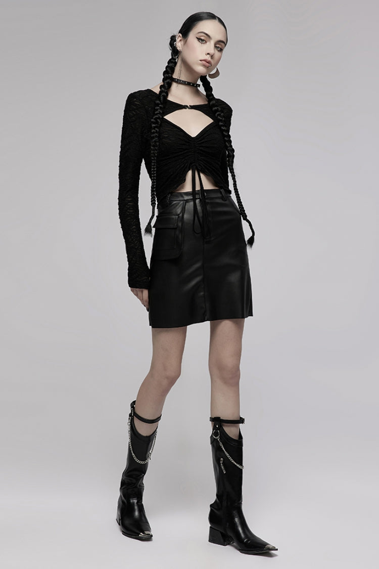 Black V Collar Long Sleeves Hollow Slim Women's Punk Blouse - Product - 4