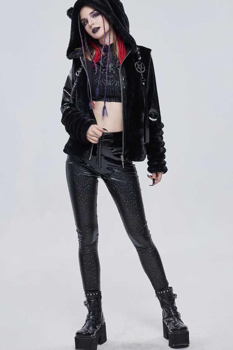Black Punk Cuff Pleated Design Metal Five-Pointed Star Shape Belt Decoration Cat Ear Women's Coat - Product - 4