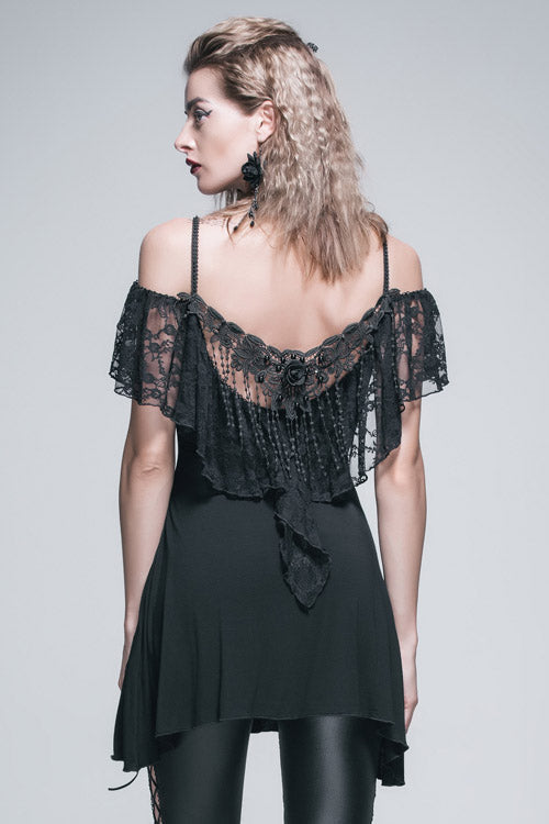 Black Sexy Rose Lace Tassel Back Over Hip Womens Long Gothic T-Shirt - Product - 5