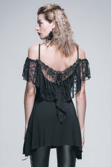 Black Sexy Rose Lace Tassel Back Over Hip Womens Long Gothic T-Shirt - Product - 5