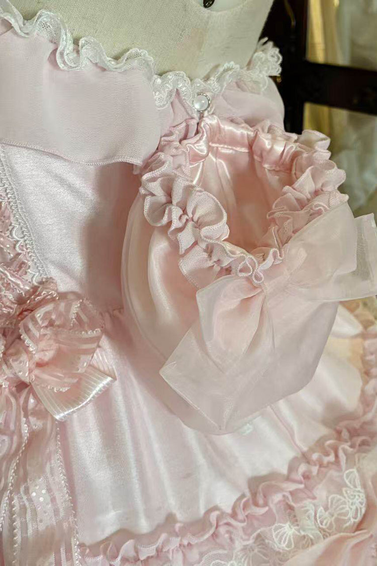 Pink [Spring Cherry Snowfall] Off Shoulder Short Sleeves Multi-Layered Ruffled Bow Sweet Lolita Jsk Dress - Product - 4