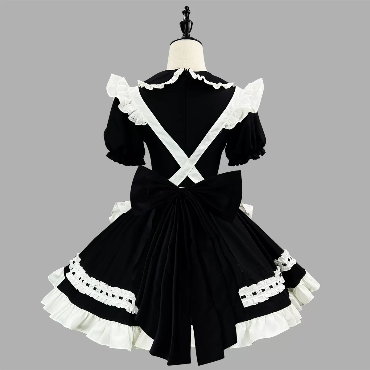Black and Red Ruffled Maid Lolita Dress with Apron Bow Accent - view 3