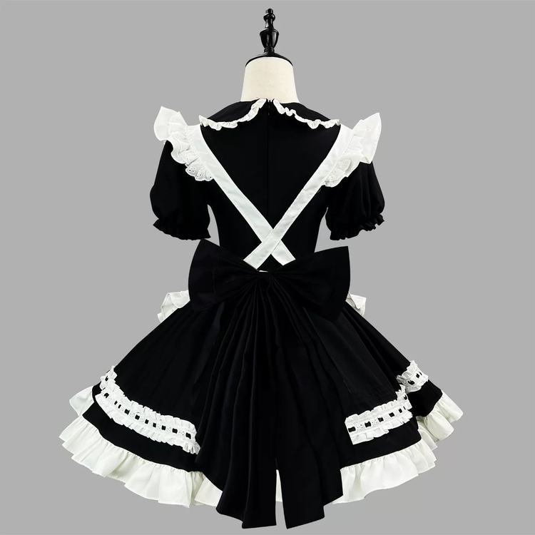 Black and Red Ruffled Maid Lolita Dress with Apron Bow Accent - view 3