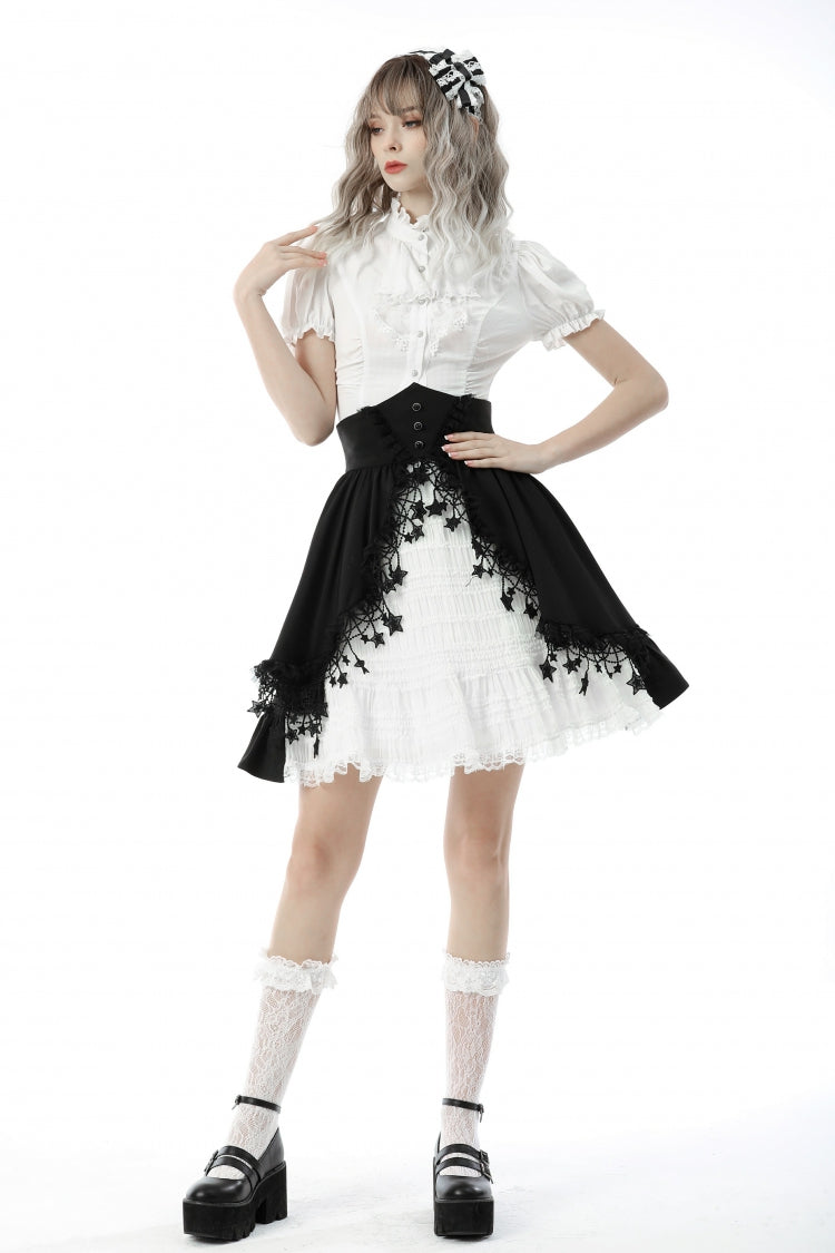 White Short Puff Sleeves Ruffled Neckline Lace Lace-Up Women's Gothic Blouse - Product - 8