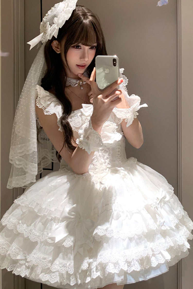 White [Flory Butterfly] Double-Layered Ruffle Bowknot Lace Lace-Up Sweet Ballet Lolita Jsk Dress - Product - 2