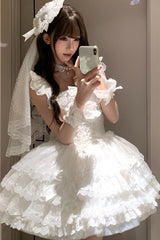 White [Flory Butterfly] Double-Layered Ruffle Bowknot Lace Lace-Up Sweet Ballet Lolita Jsk Dress - Product - 2