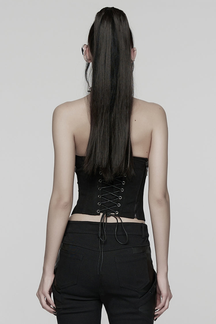 Black Sleeveless Lace-Up Side Zipper Pleated Women's Punk Corset - Product - 3