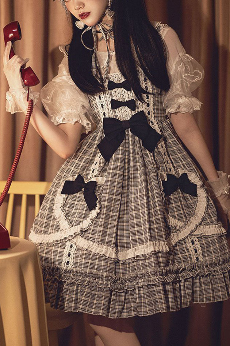 Black/White High Waist Bowknot Ruffled Plaid Sweet Lolita JSK Dress - Black/White - 1