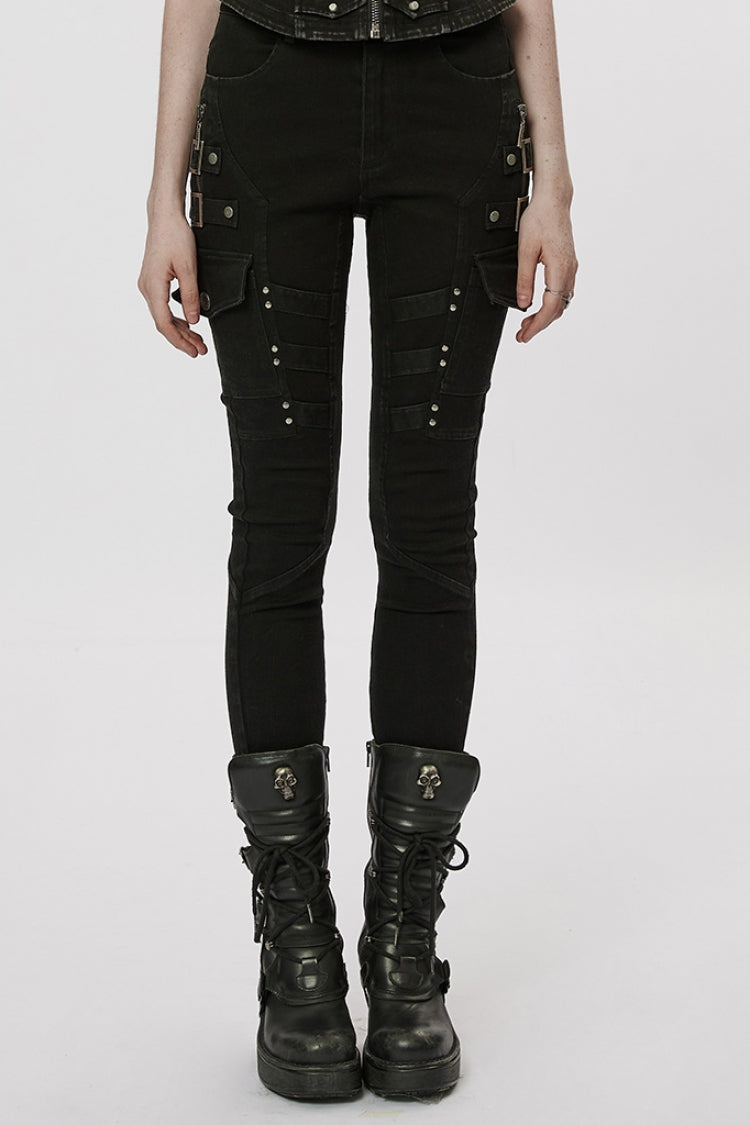 Black Multi-Pocket Buckle Women's Punk Jeans Pants - Black - 1