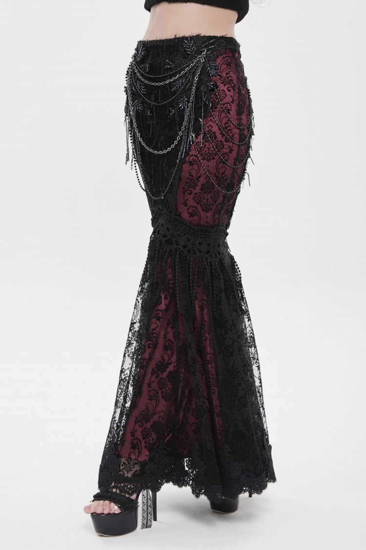 Black/Red Double-Layered Embroidered Lace Slim Pearl-Decorated Women's Gothic Skirt - Product - 10