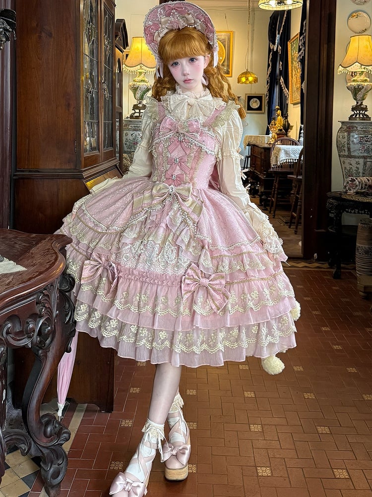 Pink Flower Bead Chain Bow Princess Lolita Dress detail view 7