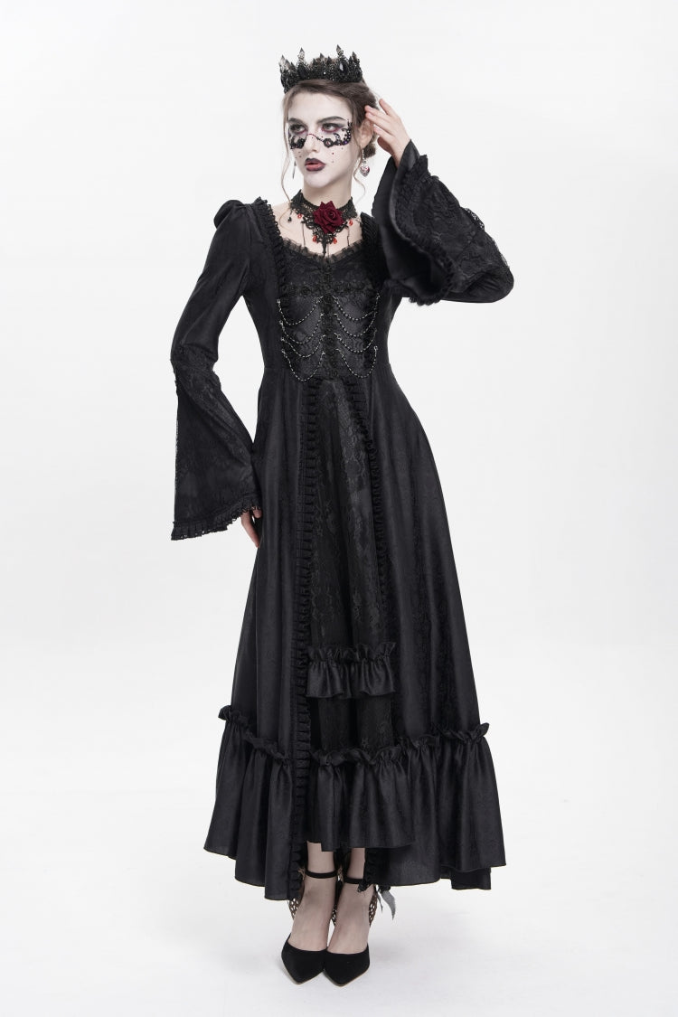Black Long Sleeves Floral Embroidery Lace-Up Pleated Women's Gothic Dress - Product - 10
