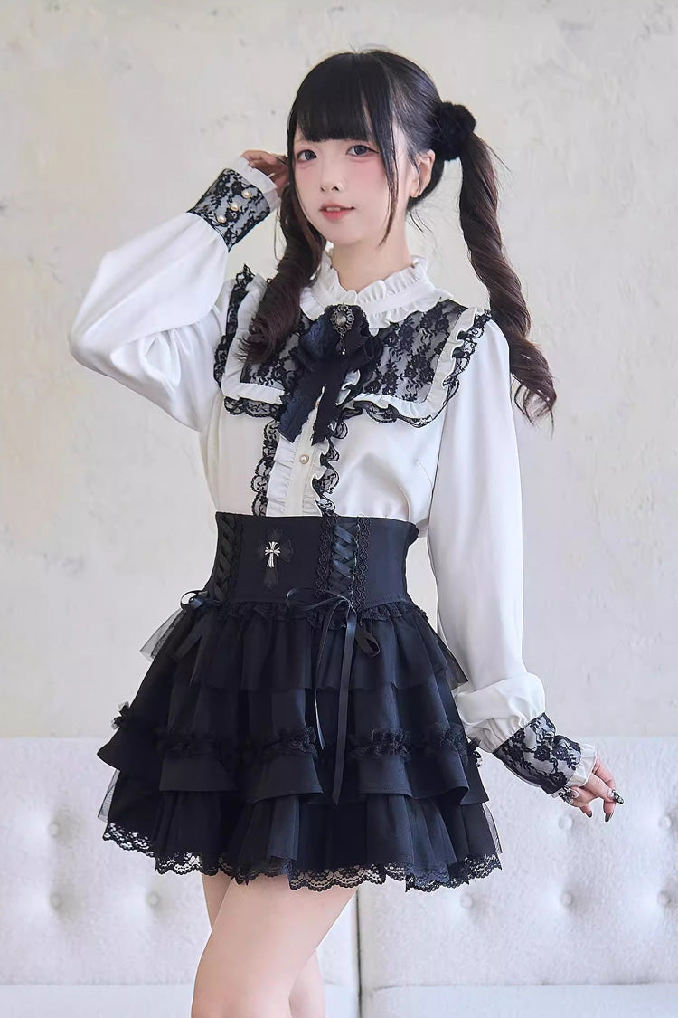 Sweet Print Ruffle Lace Lace-Up Jirai Kei Skirt 3 Colors - Black Striped Print - 6