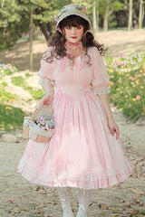 Square Collar Lace Short Sleeves High Waisted Plus Size Sweet Lolita OP Dress - Pink - 3