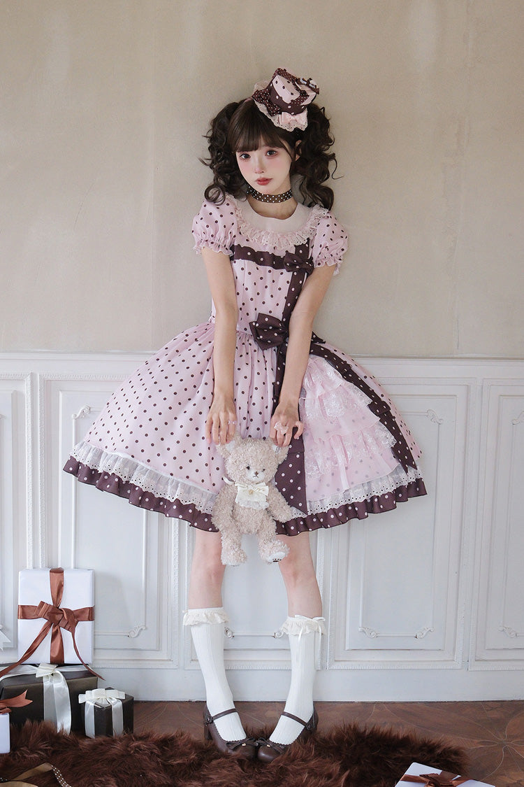 Pink [Canelé Gift Box] Round Collar Short Sleeves Double-Layered Printed Polka Dot Ruffled Open-Front Bow Asymmetric Sweet Lolita Dress - Product - 23