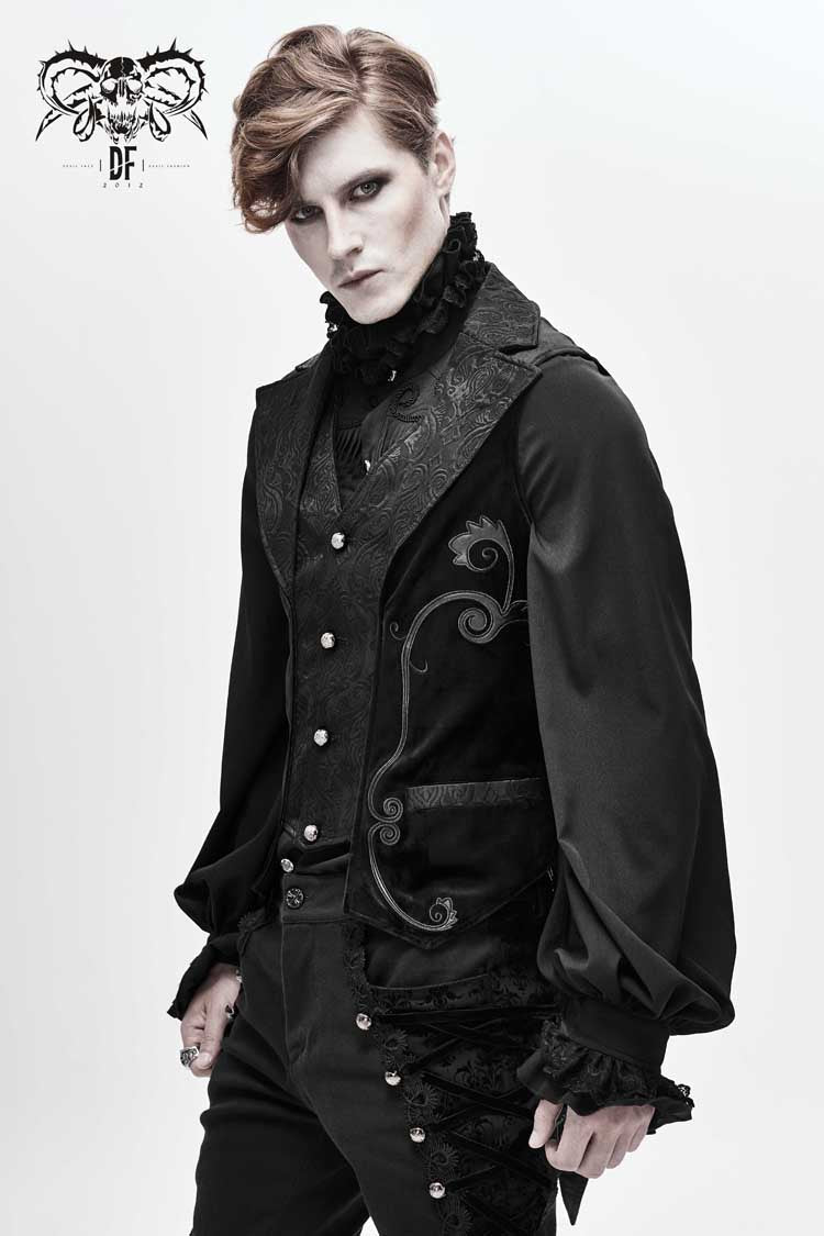 Black Fake Two Piece Leather Embroidered Swallow Tail Hem Men's Gothic Waistcoat - Product - 3