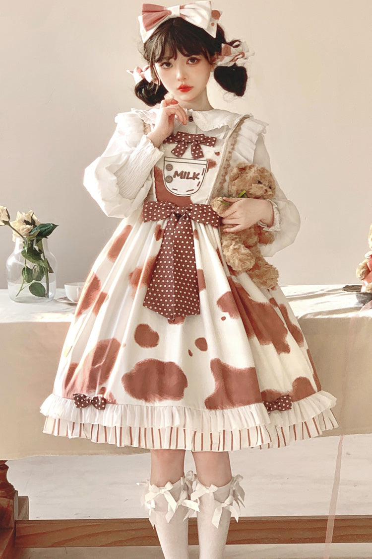 Milk Cow Print Ruffle Bowknot Sweet Lolita Jsk Dress 5 Colors - Brown - 1