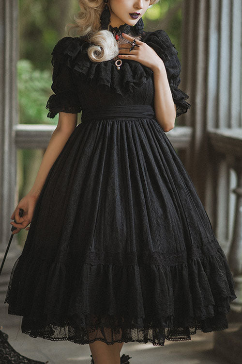 Elegant Vintage Rose Print Multi-Layer Ruffled Sweet Lolita OP Dress - Black - 14