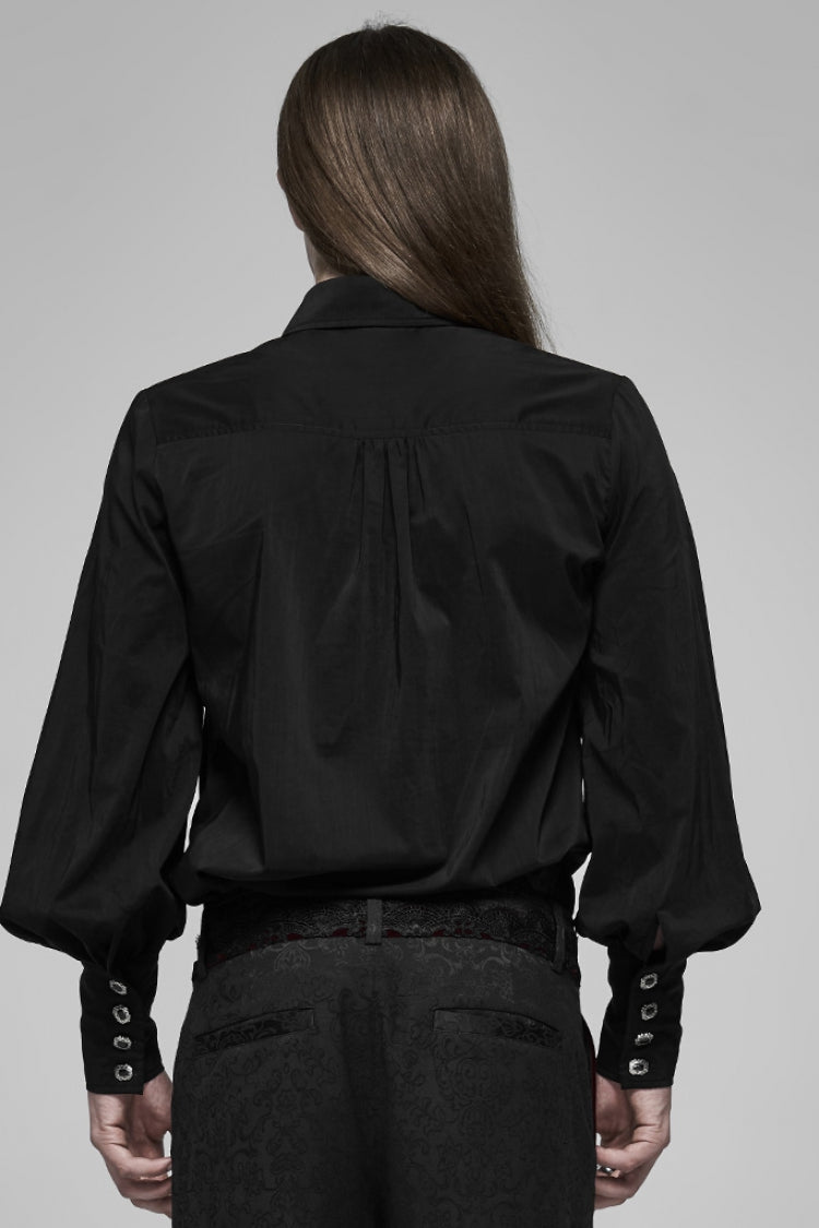Black V Collar Long Puff Sleeves Hollow Lace-Up Mens Gothic Blouse - Product - 3