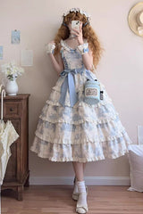 Blue [Grape Moon Almanac] Sleeveless Multi-Layered Printed Ruffled Bow Adjustable-Length Sweet Lolita Jsk Dress - Blue - 1